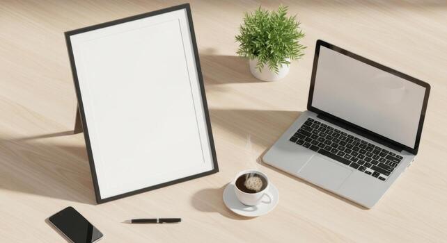 Laptop, coffee cup, phone and blank board on wooden table 3d render photo