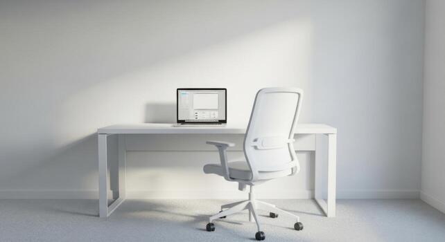 White desk with laptop and chair in an empty room photo