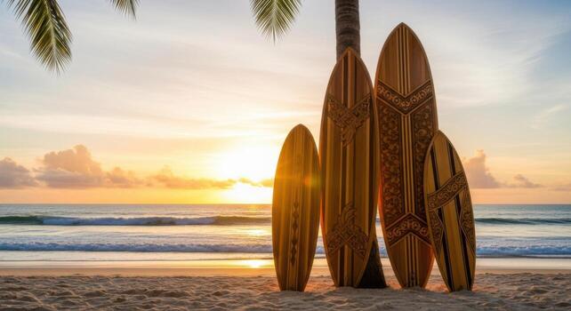 Surfboards on the beach at sunset photo