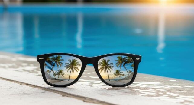A pair of sunglasses with palm trees reflected in the water photo