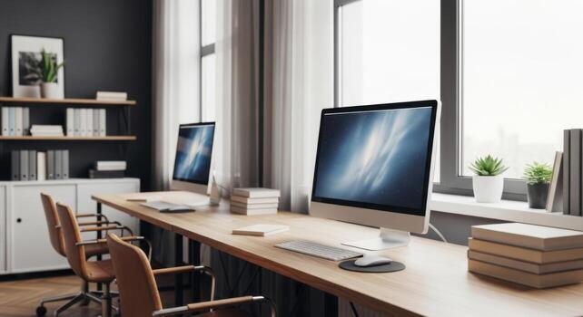 Two computers are sitting on a desk in front of a window photo