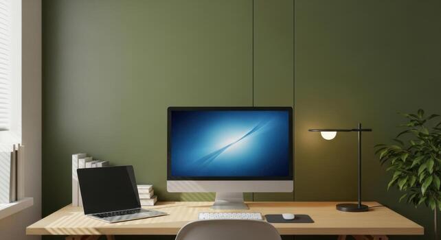 A computer is sitting on a desk in front of a green wall photo