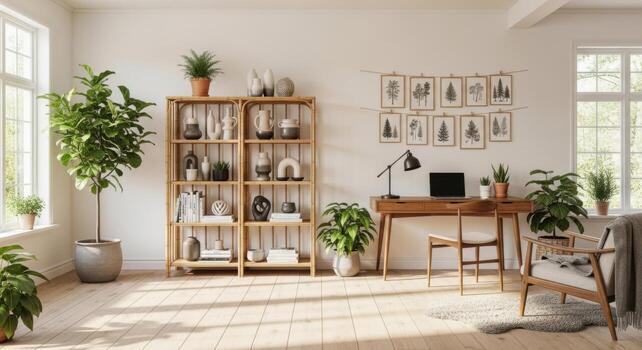 A home office with a desk, bookshelf and plants photo