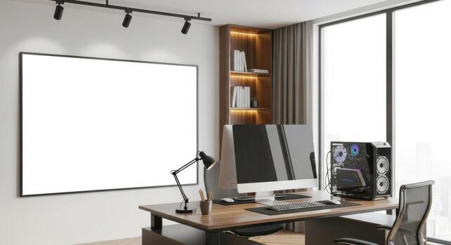 A home office with a blank screen photo
