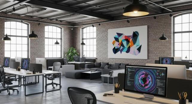 An open office with multiple computers and desks photo