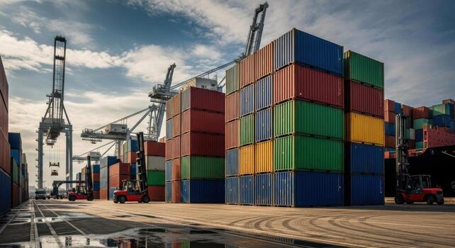 A large container yard with many different colored cargo containers photo