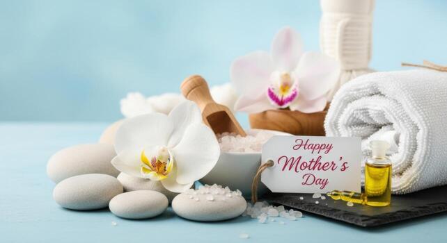 Spa products and spa towels with happy mother's day message on blue background photo