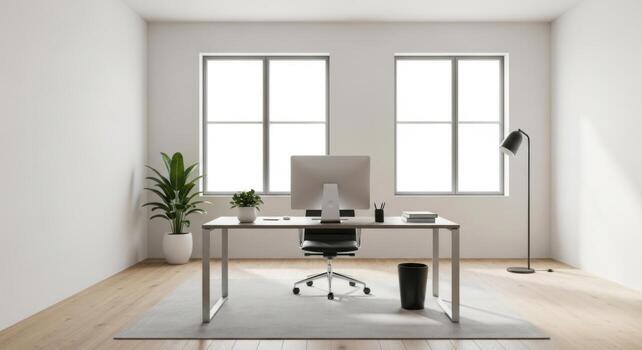 A clean white office with a desk and computer photo