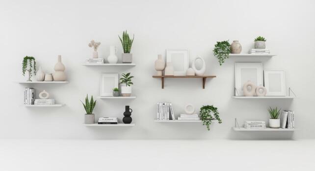 3d rendering of a white wall with shelves and plants photo