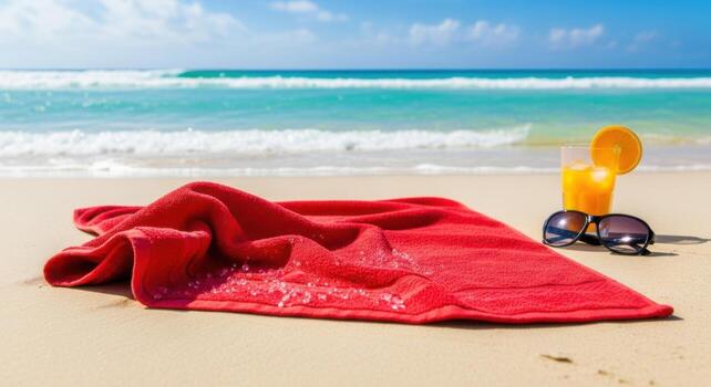A red towel and sunglasses on the beach photo