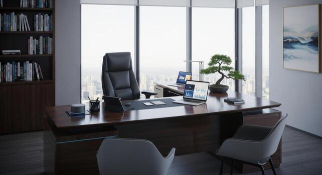 A modern office with a desk and chair photo