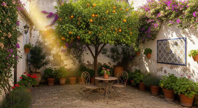 A courtyard with orange trees and potted plants photo