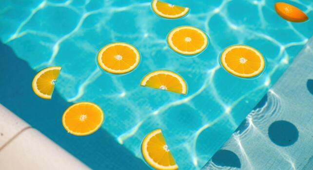 A pool with orange slices floating in it photo
