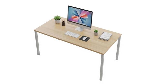 A computer desk with a keyboard, mouse and monitor photo