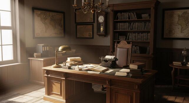 An old fashioned desk with a lamp and books photo