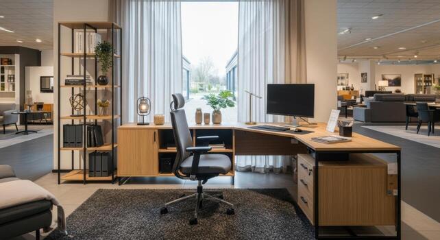 A home office with a desk, chair and computer photo