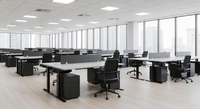 An empty office with desks and chairs photo