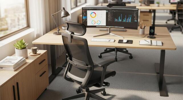 A desk with a computer and a chair photo
