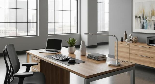 A modern office with a desk, chair and computer photo