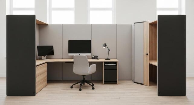 A modern office with a desk and computer photo