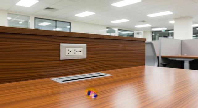 A desk with a computer and a power outlet photo