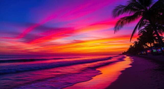 A colorful sunset on the beach with palm trees photo