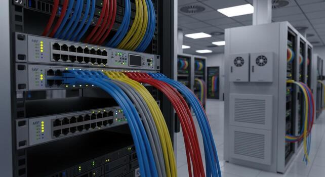 A server rack with multiple cables and wires photo