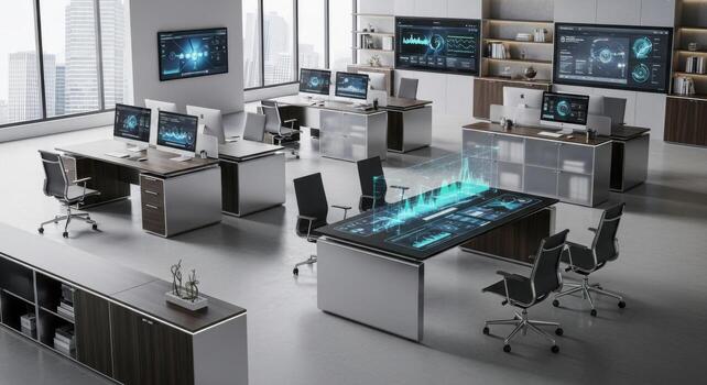 A modern office with computers and desks photo