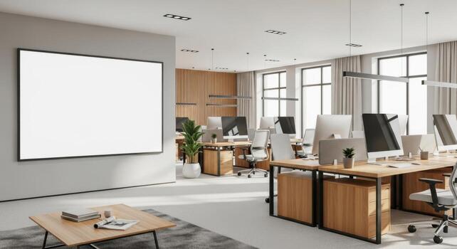 An office with a blank screen in the middle photo