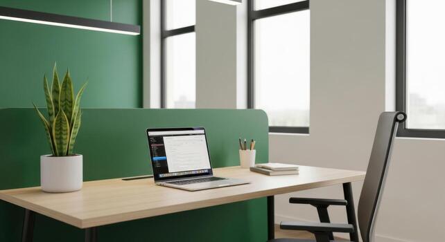 A laptop is sitting on a desk in front of a green wall photo