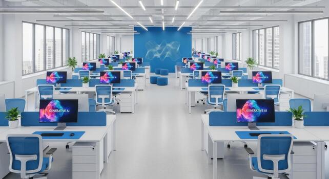 An office with blue and white chairs and desks photo