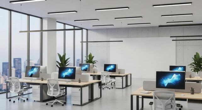Modern office with large windows and computers photo