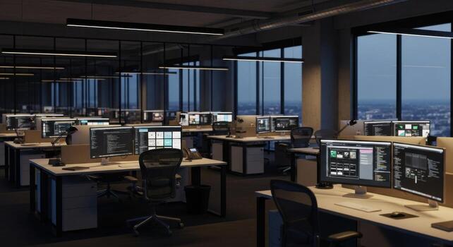 An office with multiple computer screens and desks photo