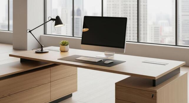 Modern office desk with computer and desk in front of window photo