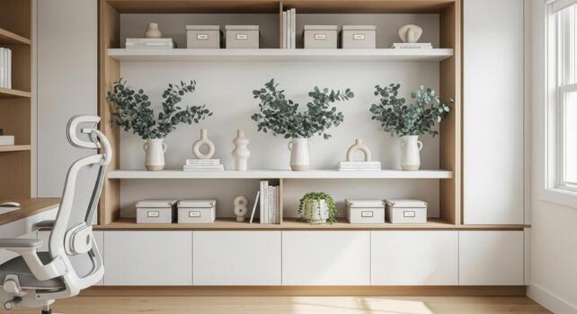 A home office with shelves and a desk photo