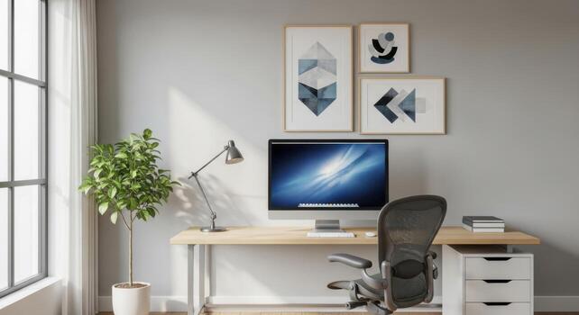 A home office with a computer, desk and plants photo