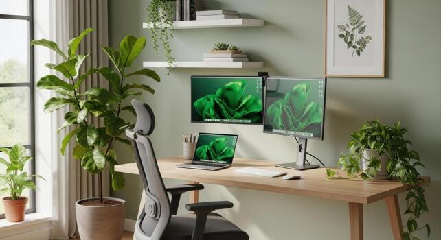 A desk with a computer and a laptop on it photo