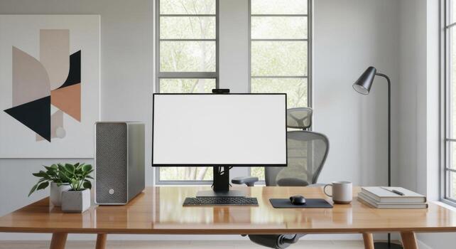 A desk with a computer and a blank screen photo