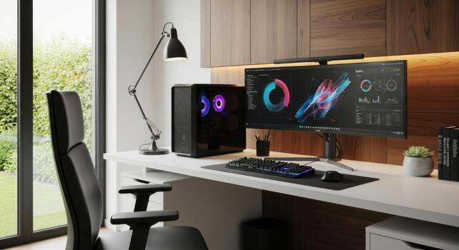 A computer desk with a monitor and a keyboard photo