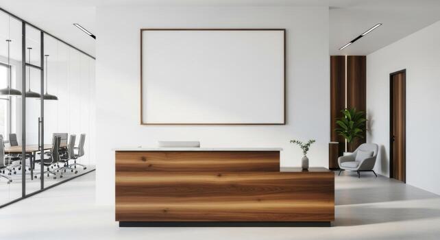 A modern office with a wooden reception desk and a large blank frame photo