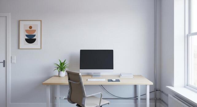 A desk with a computer and chair in front of a window photo