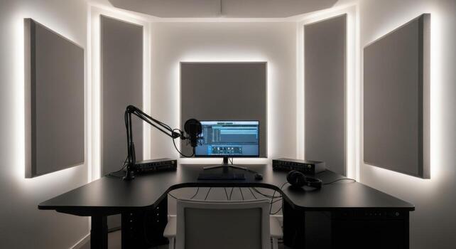 A room with a computer and a desk photo