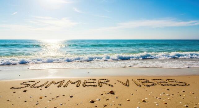 Summer vibes written in sand on the beach with waves and sea photo