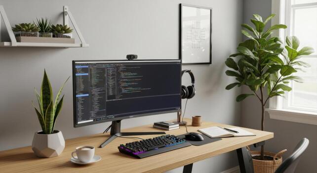 A desk with a computer, keyboard and mouse photo
