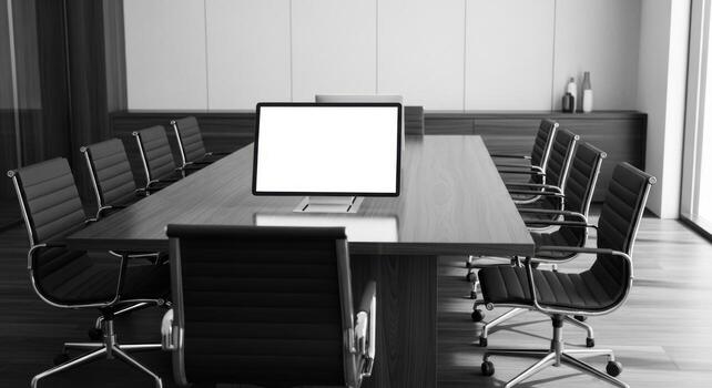 Black and white photo of a conference table with chairs