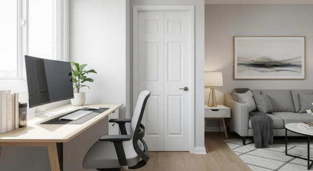A modern home office with a desk, chair and computer photo