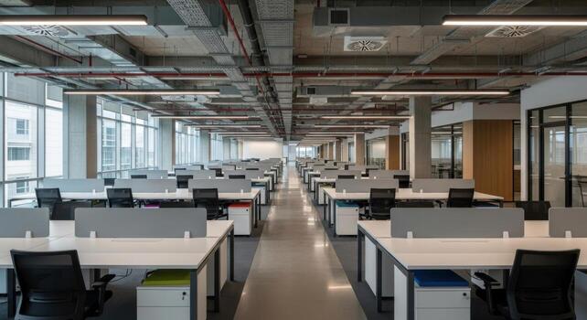 An office with desks and chairs in a large room photo