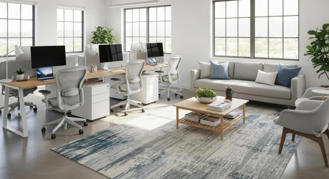 An office with a desk, chairs and a computer photo