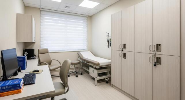 A medical office with a desk, cabinets and a computer photo