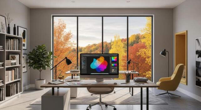 A home office with a computer and a window photo